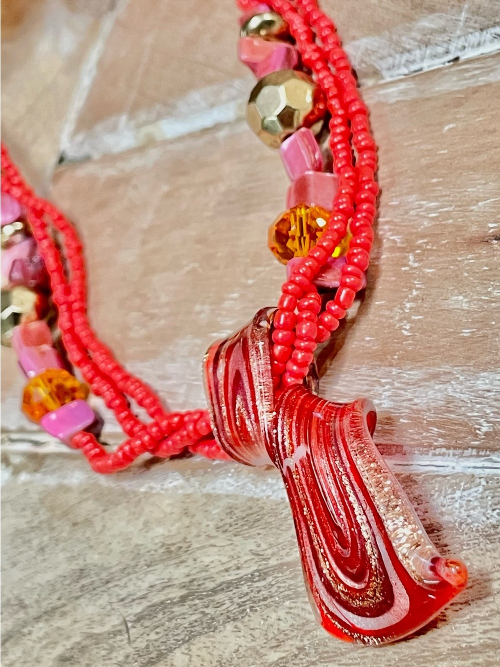 Handcrafted Artisan Beaded Coral Red Necklace w Lampwork Glass Pendant